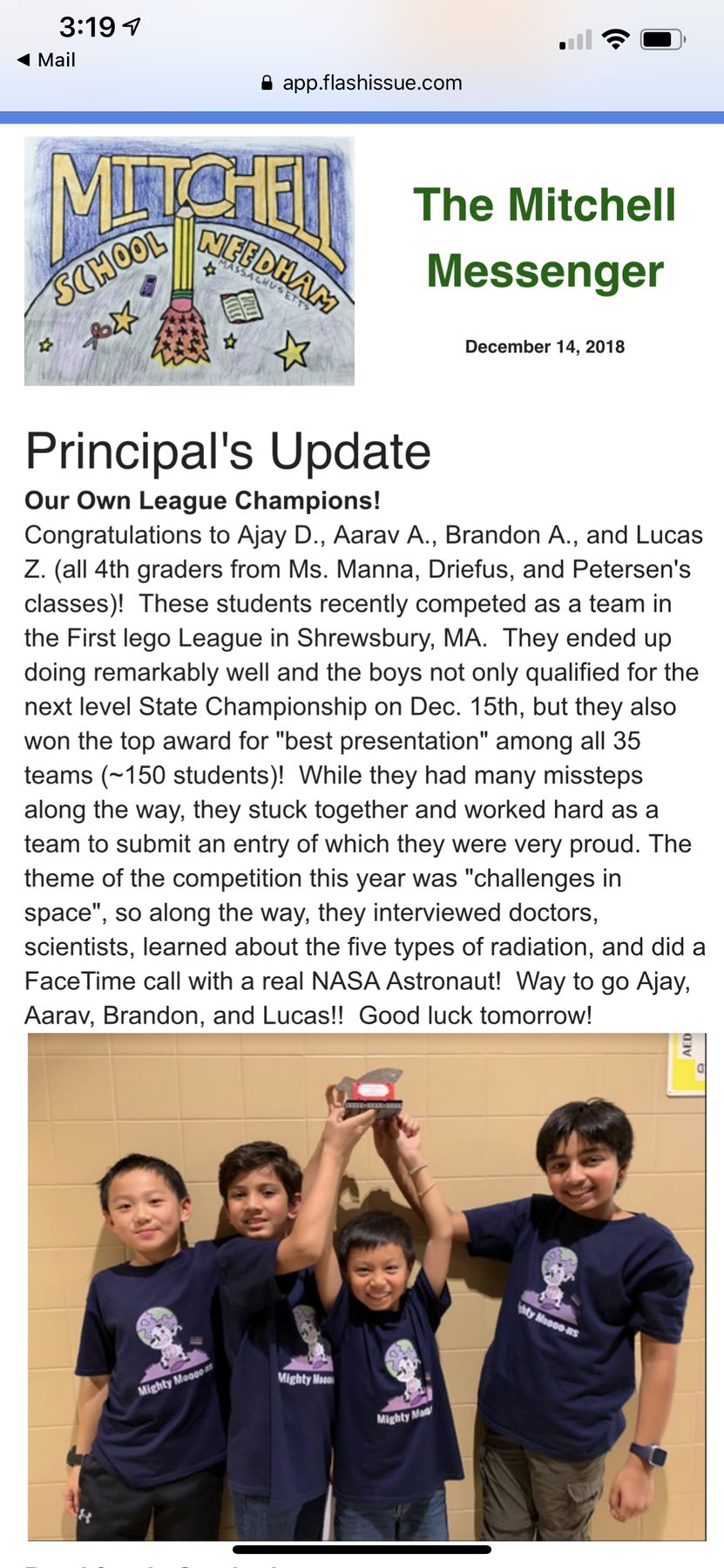 School newsletter clipping about my FLL team