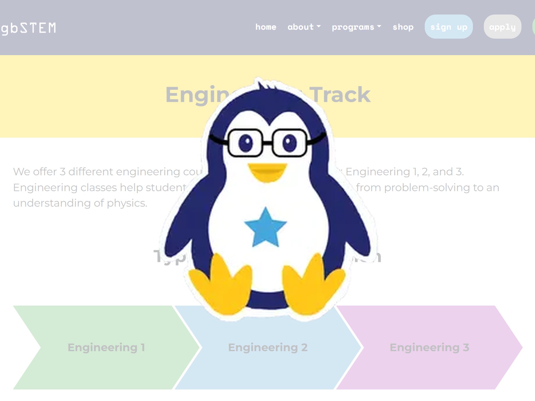 The gbSTEM mascot penguin over the Engineering Track course page I helped develop
