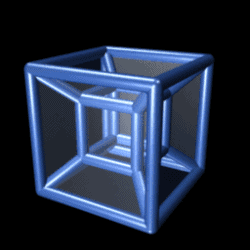 An animated rotating tesseract — a 4D hypercube projected into 3D space